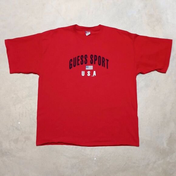 Vintage Guess Sport USA T-Shirt Size XXL Red Spellout Jeans Flag Logo - Picture 1 of 7